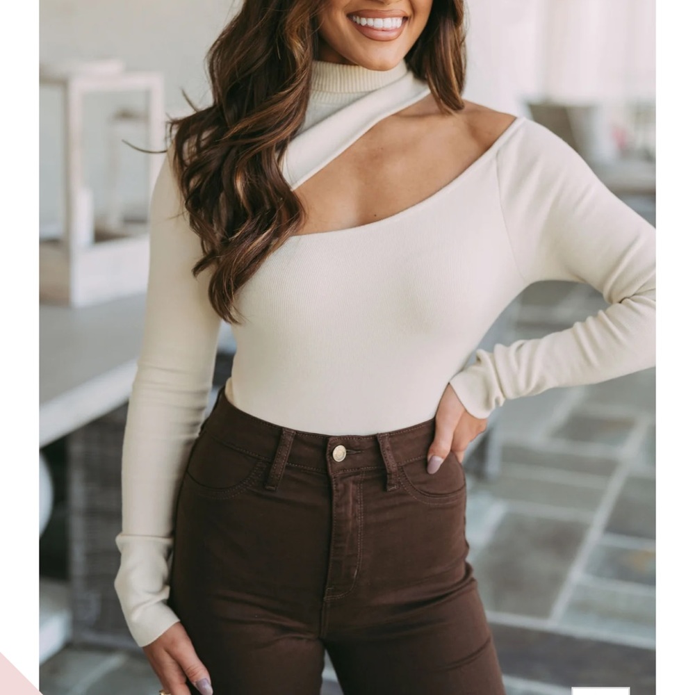 Tan Turtleneck Long Sleeve Cut Out Body Suit